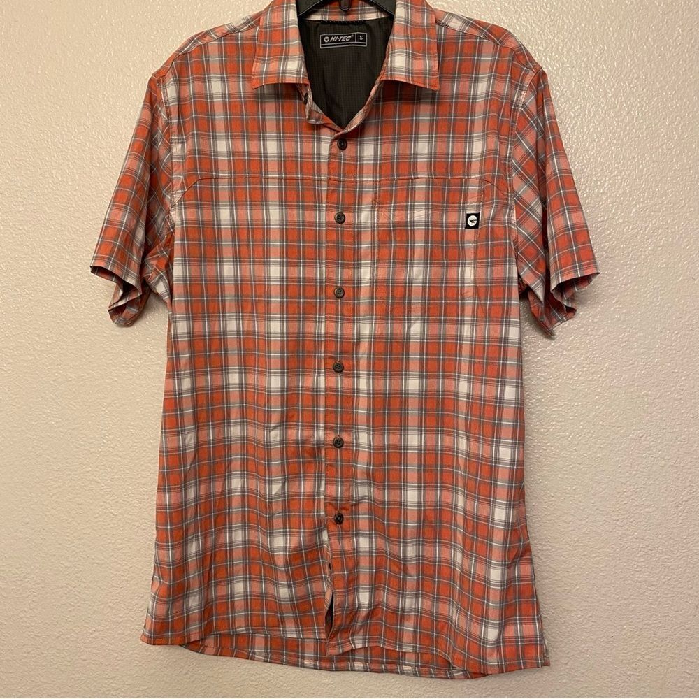 Hi-Tec Men Button Up nylon blend Shirt hiking fishing outdoors red pink plaid S
